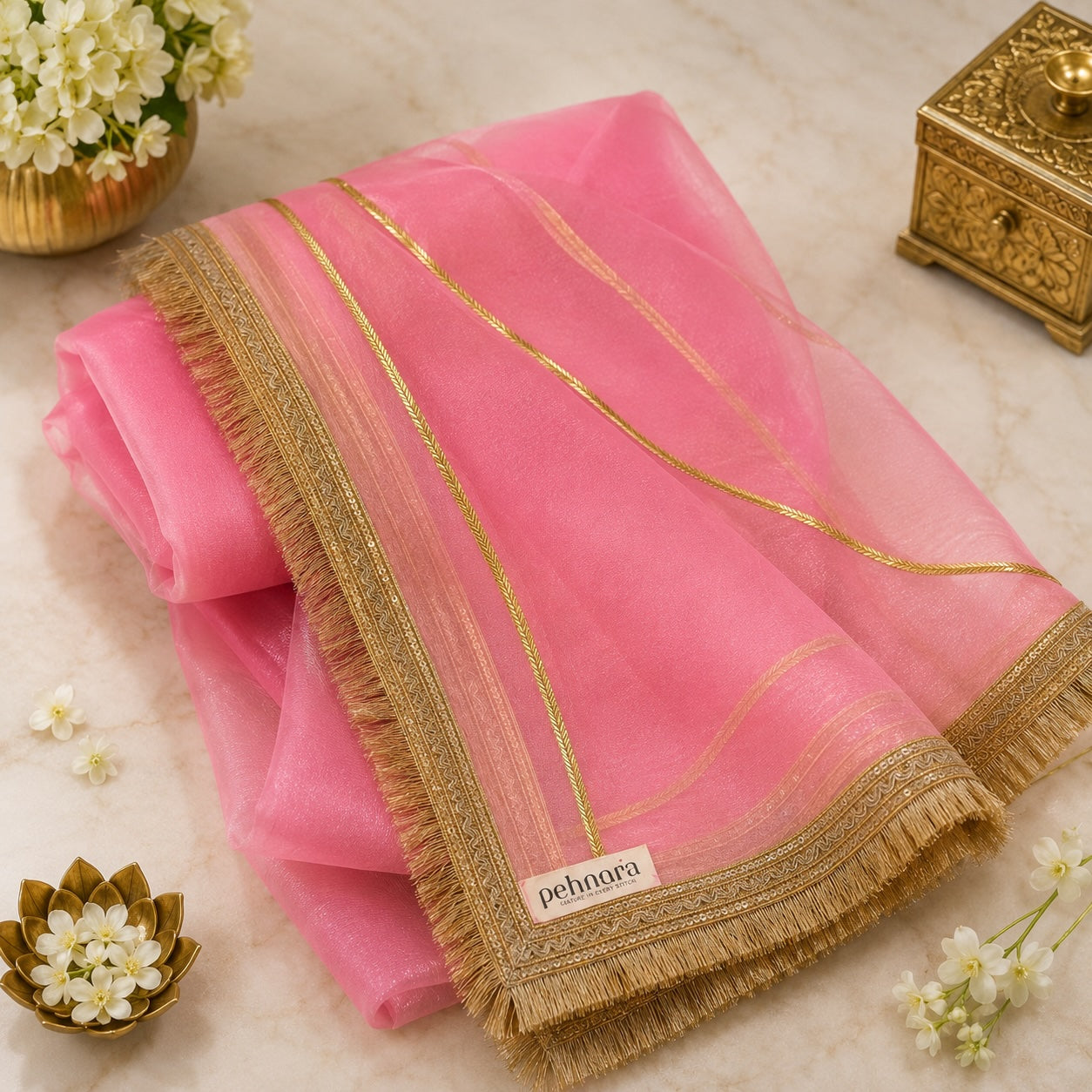 Rose Pink Organza Dupatta | Gold Zari & Flower Butti | Pehnara
