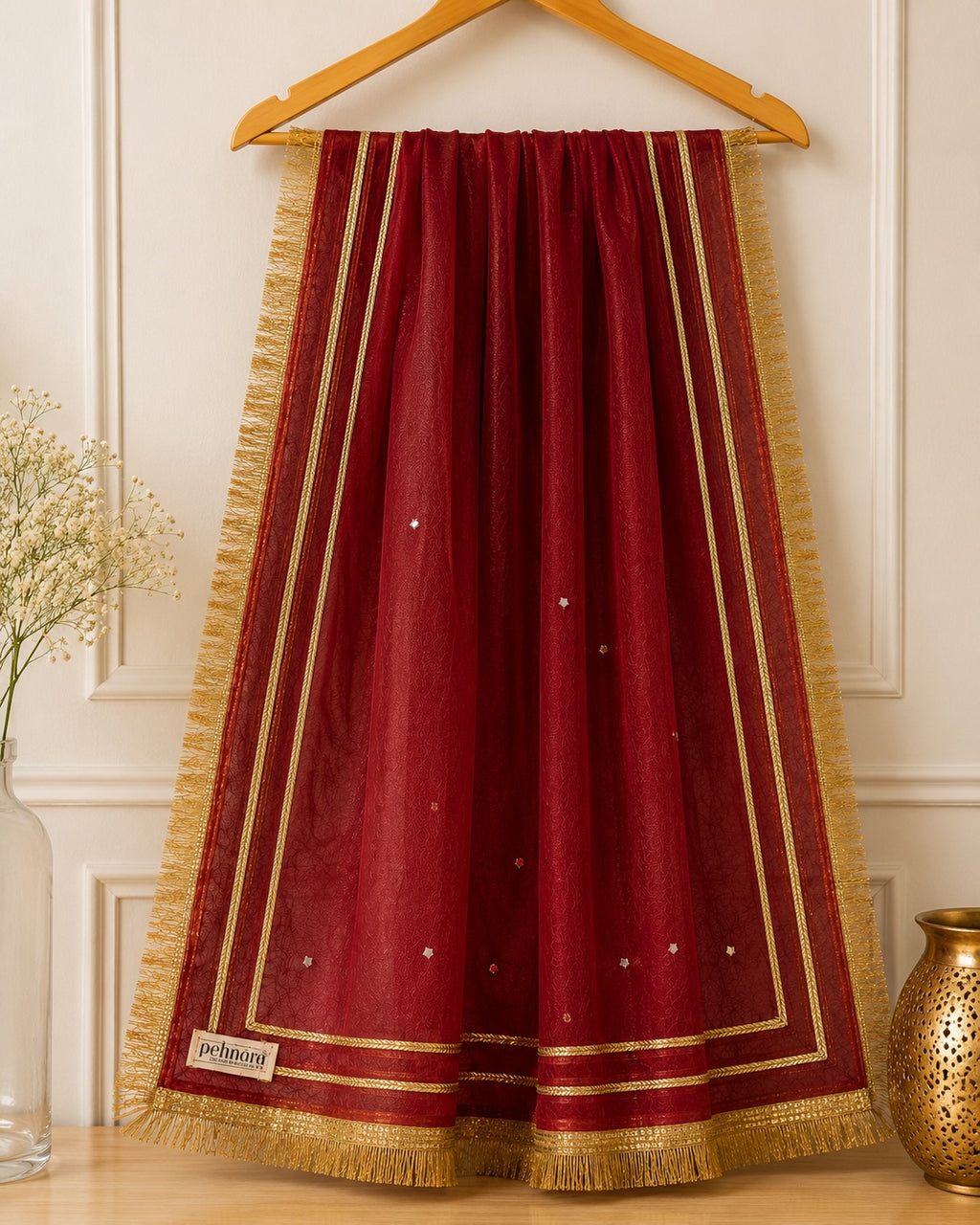 Premium Maroon Organza Dupatta with Silver Star Butti