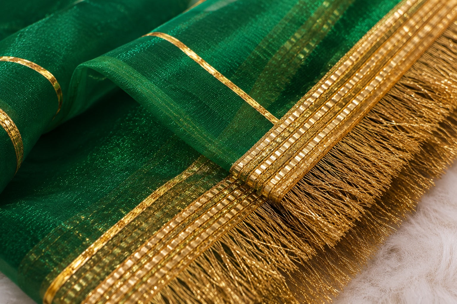Emerald Green Organza Dupatta | Heavy Gold Border | Pehnara