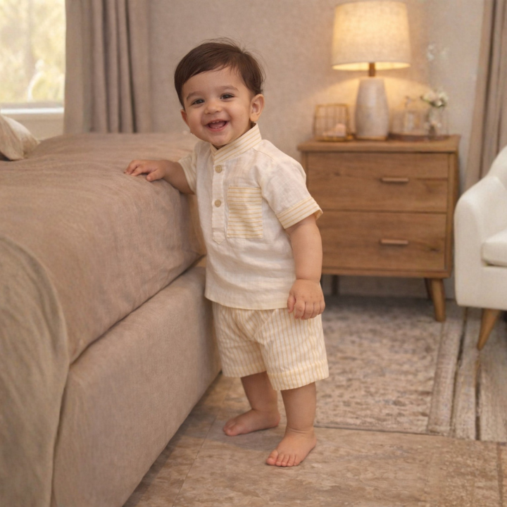 Pure Cotton Cream Kurta Shorts Set for Kids