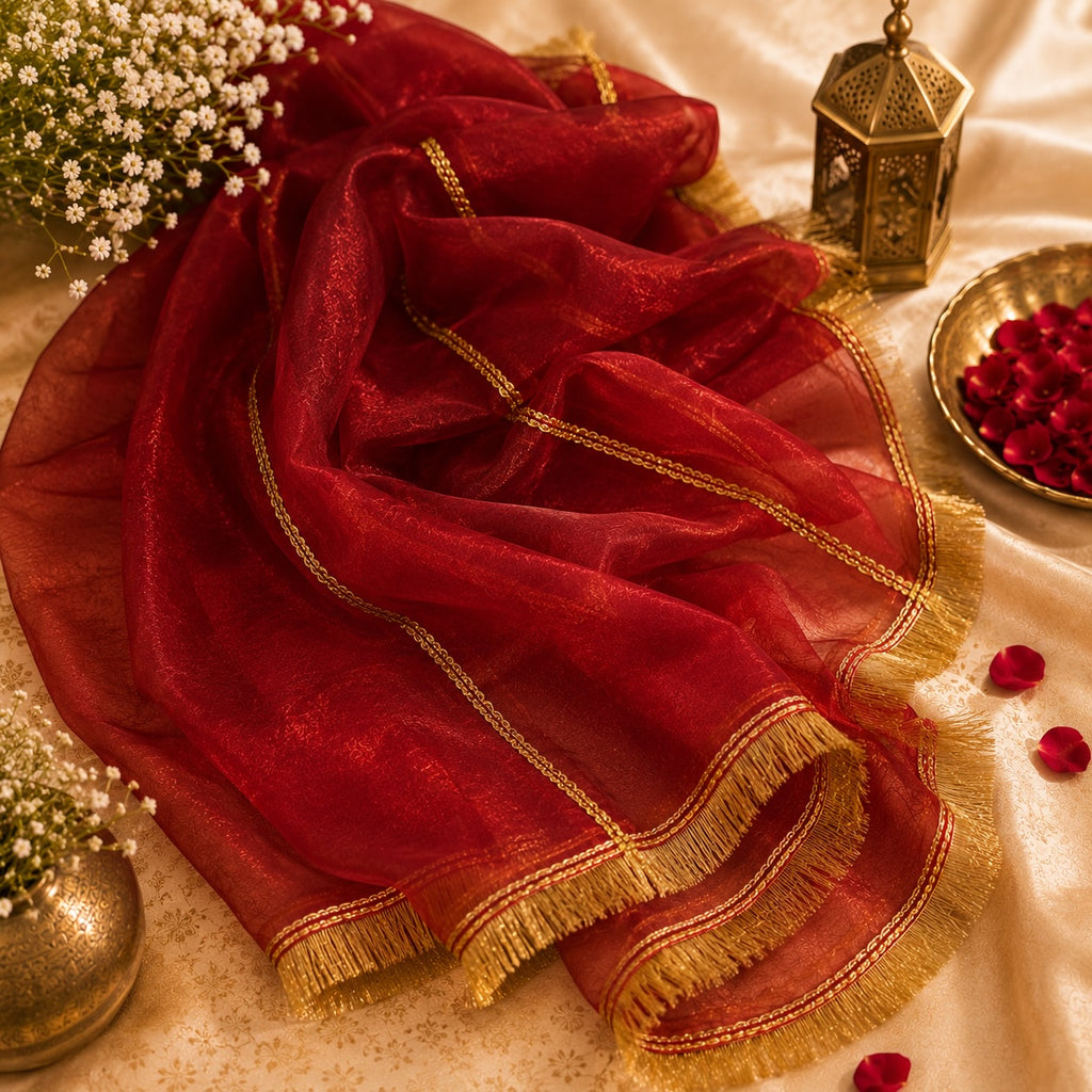 Crimson Red Organza Dupatta | Gold Chain Zari | Pehnara