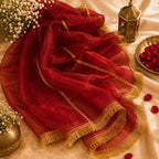 Crimson Red Organza Dupatta | Gold Chain Zari | Pehnara