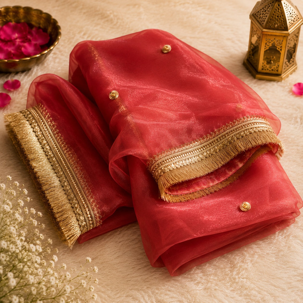 Coral Organza Dupatta | Gold Lace Border | Pehnara