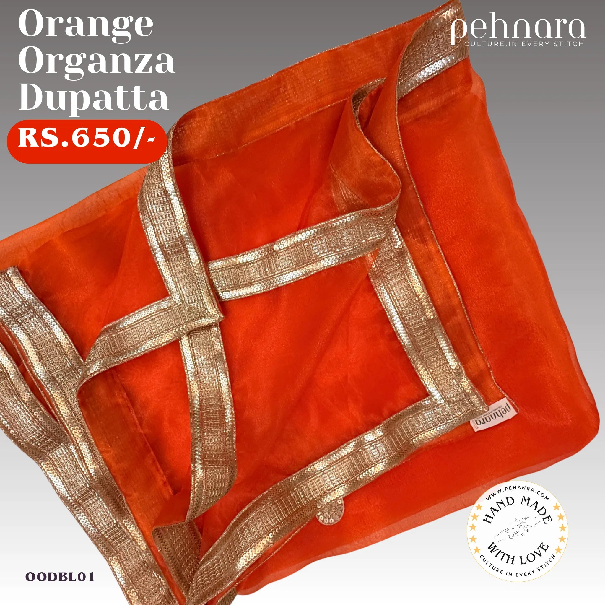 Orange Organza Dupatta with Gold Border