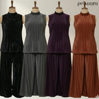 Four mannequins wearing sleeveless tops and wide-leg pants in black, gray, purple, and brown on a white background with 'penara' branding.