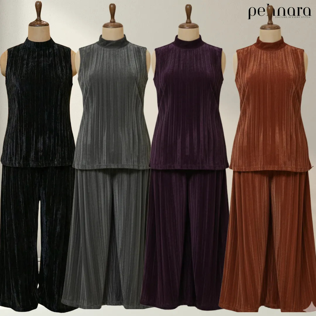 Regal Velvet Zari Embroidered Kaftan with Crushed Velvet Sharara Set