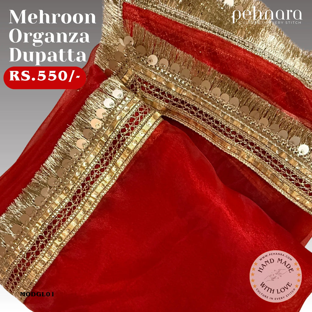 Mehroon Organza Dupatta – Heavy Embellished