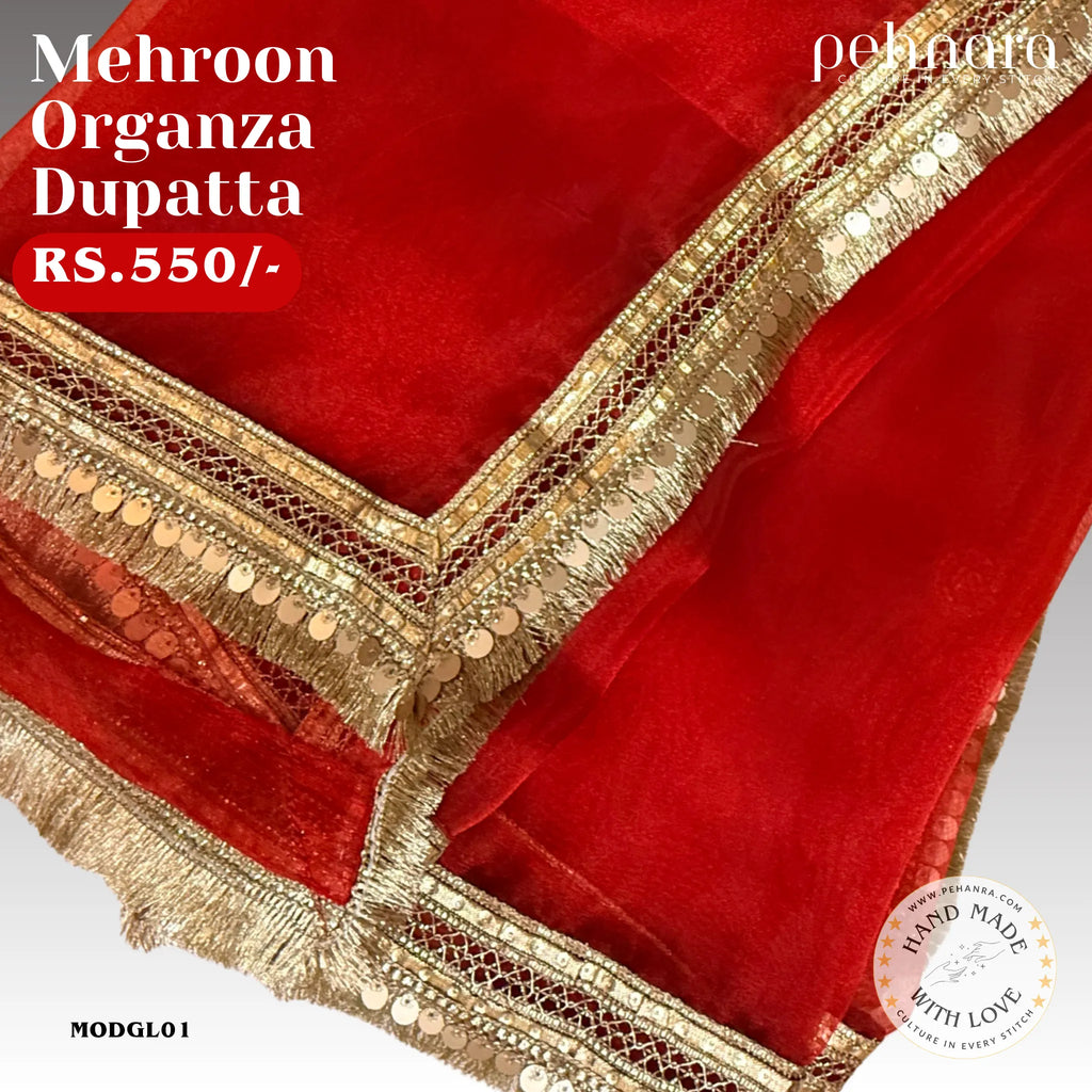 Mehroon Organza Dupatta – Heavy Embellished