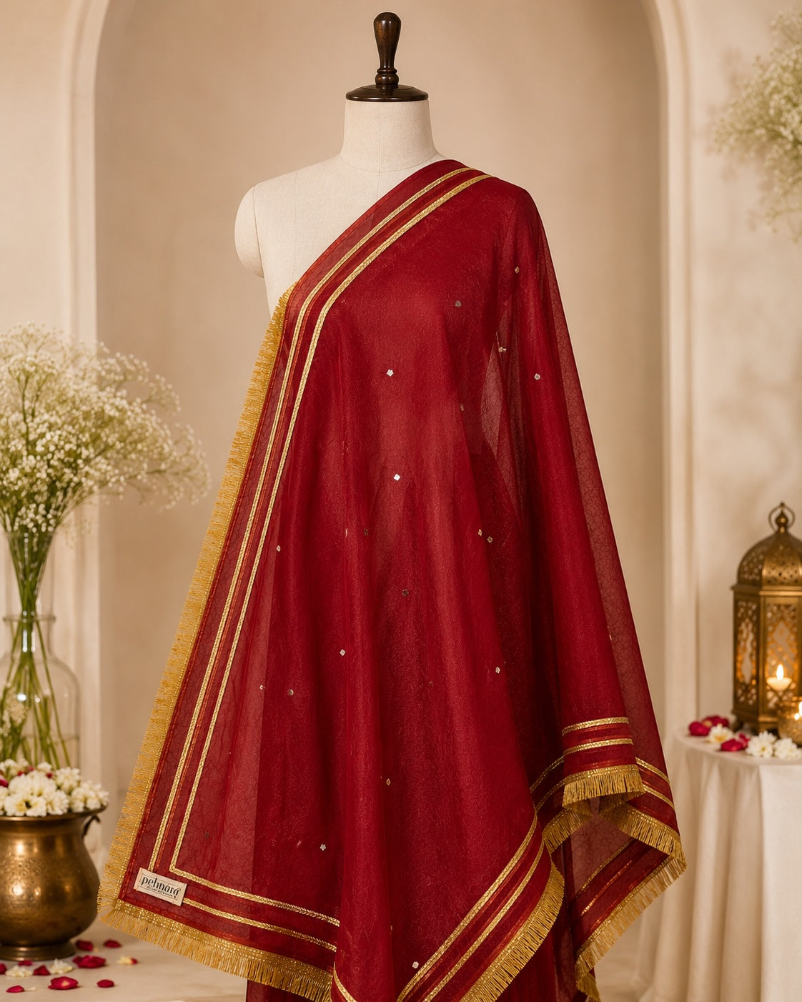 Premium Maroon Organza Dupatta with Silver Star Butti