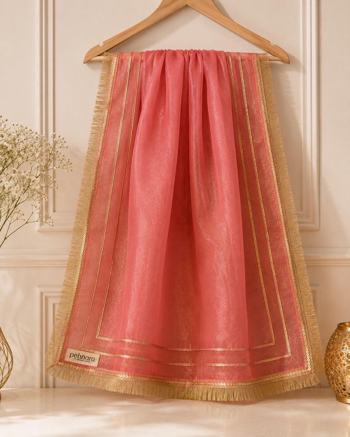 PEHNARA — Coral Rose Organza Dupatta
