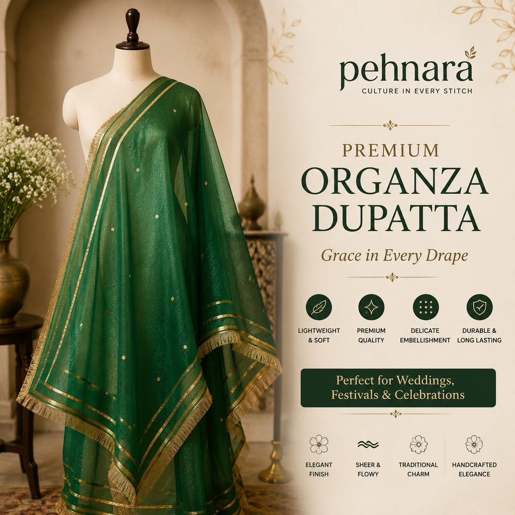 Emerald Green Organza Dupatta | Heavy Gold Border | Pehnara