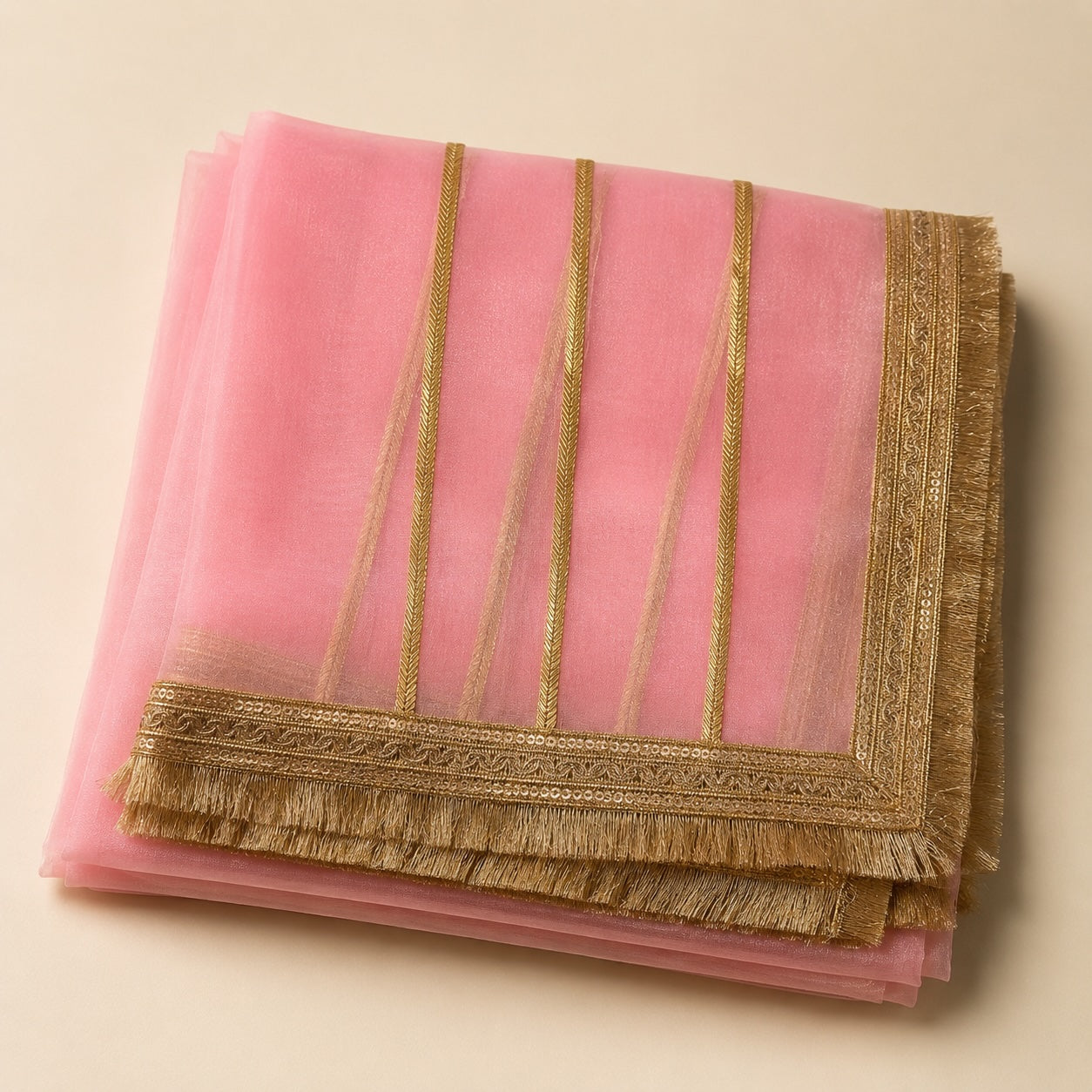 Rose Pink Organza Dupatta | Gold Zari & Flower Butti | Pehnara