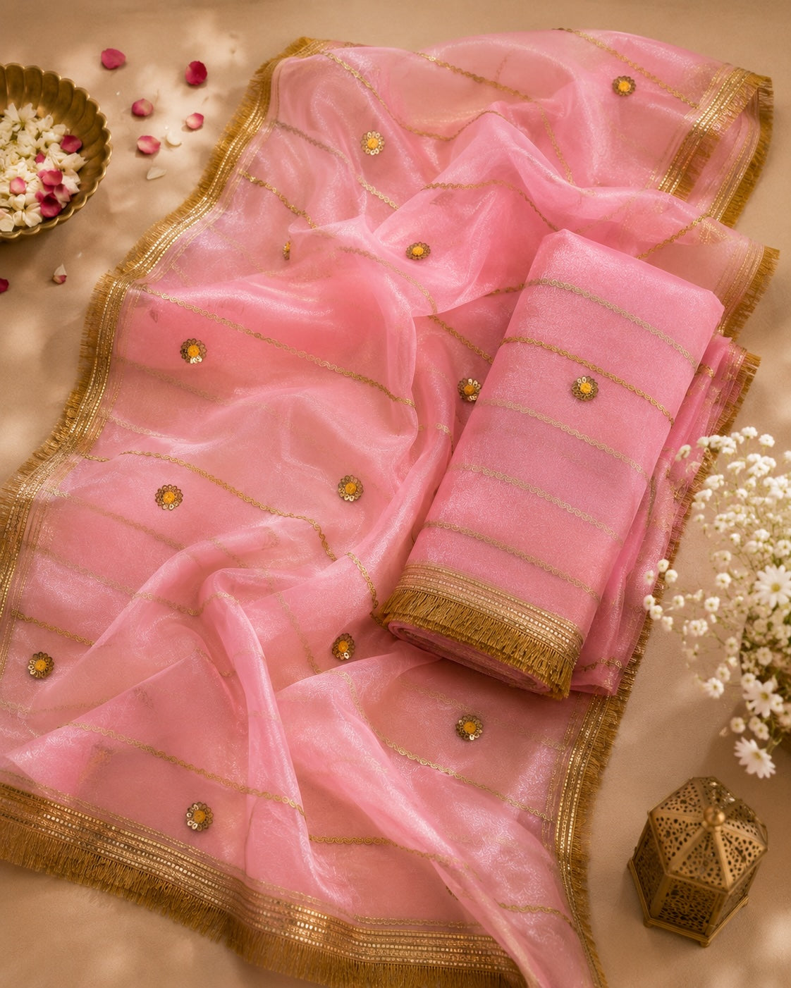 Candy Pink Organza Dupatta | Amber Stone Butti | Pehnara