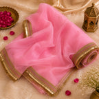 Flamingo Pink Organza Dupatta | Gold Coin Border | Pehnara
