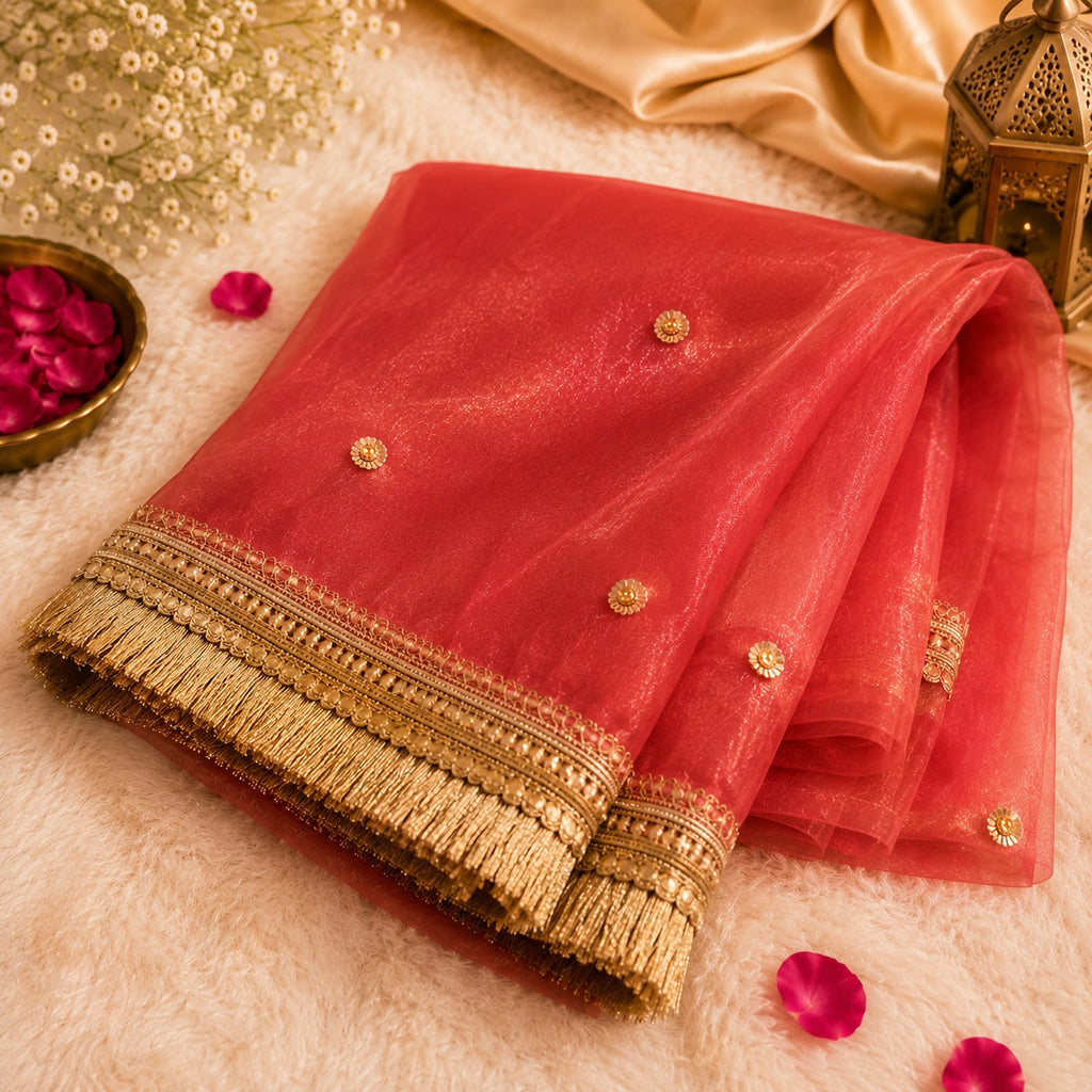 Coral Organza Dupatta | Gold Lace Border | Pehnara