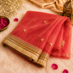 Coral Organza Dupatta | Gold Lace Border | Pehnara