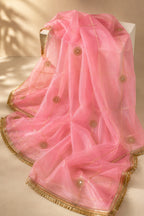 Premium Soft Pink Organza Dupatta with Sunburst Chakra Butti