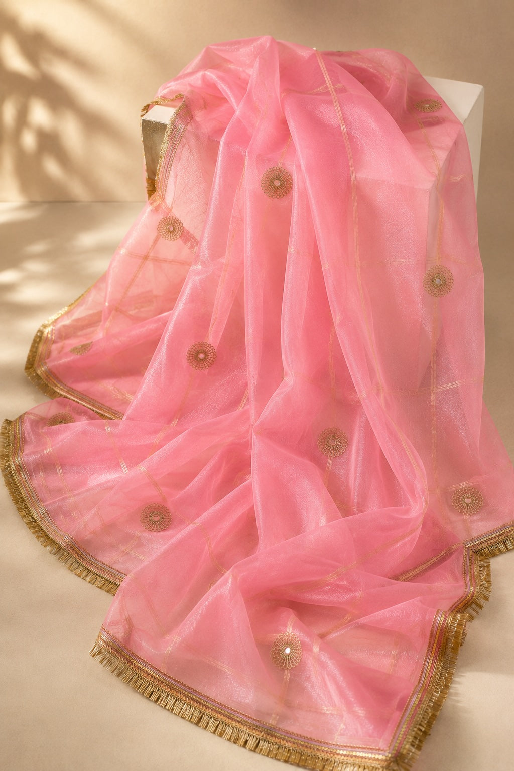 Premium Soft Pink Organza Dupatta with Sunburst Chakra Butti