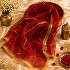 Crimson Red Organza Dupatta | Gold Chain Zari | Pehnara