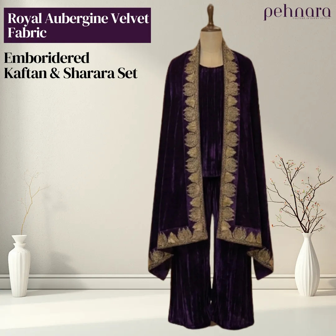 Regal Velvet Zari Embroidered Kaftan with Crushed Velvet Sharara Set