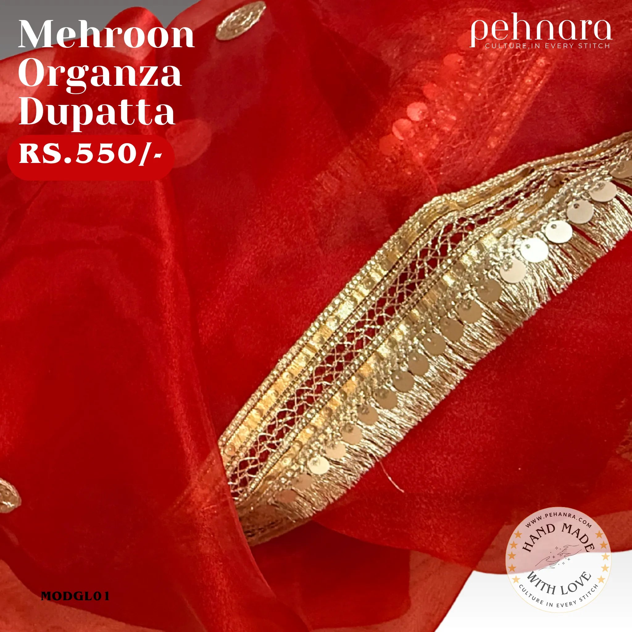 Mehroon Organza Dupatta – Heavy Embellished