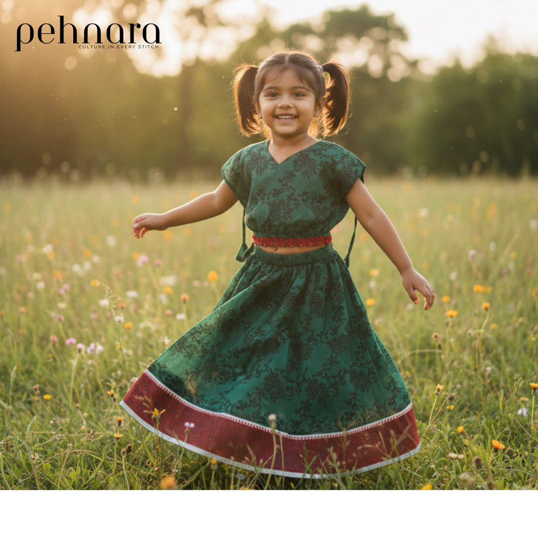 Emerald Green Floral Twirl Dress for Girls – Festive Ethnic Wear