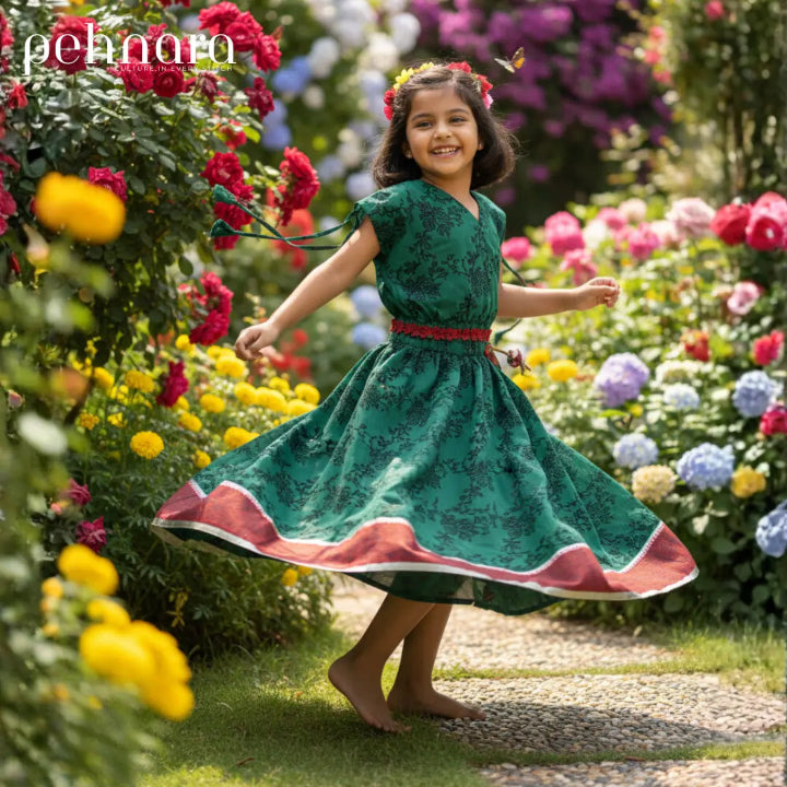 Young girl in a green dress with red trim standing in a garden with colorful flowers.
