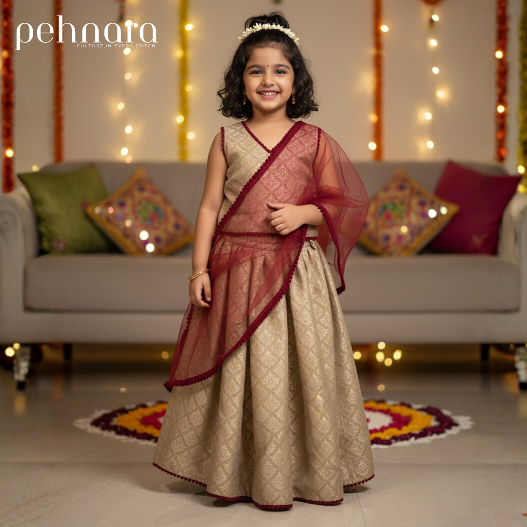 Champagne Gold Twirl Lehenga for Girls – Festive Party Wear