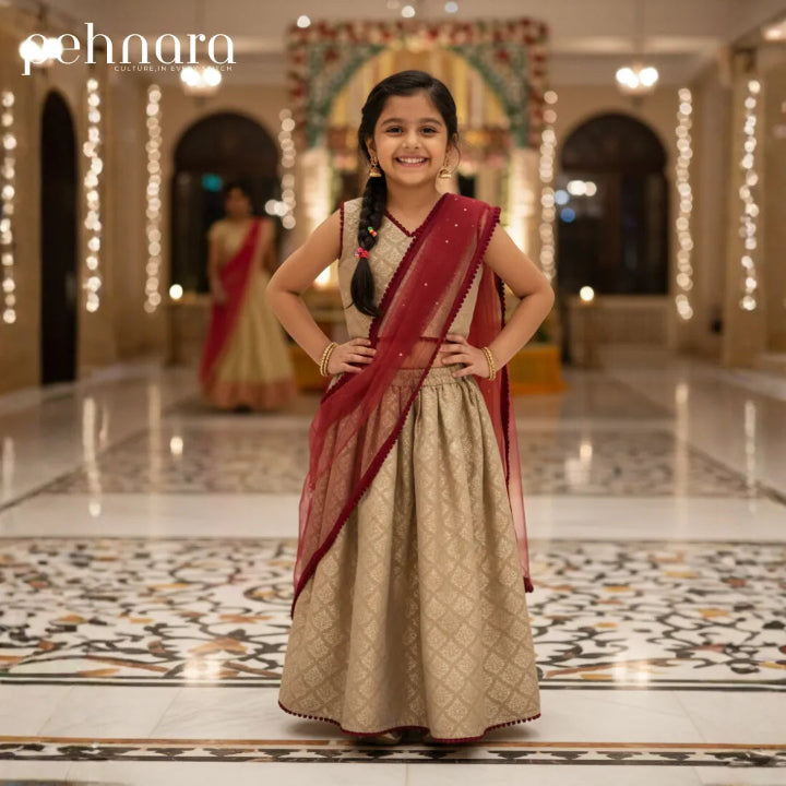 Young girl in a traditional outfit standing in a decorated indoor setting with 'pehnara' branding.