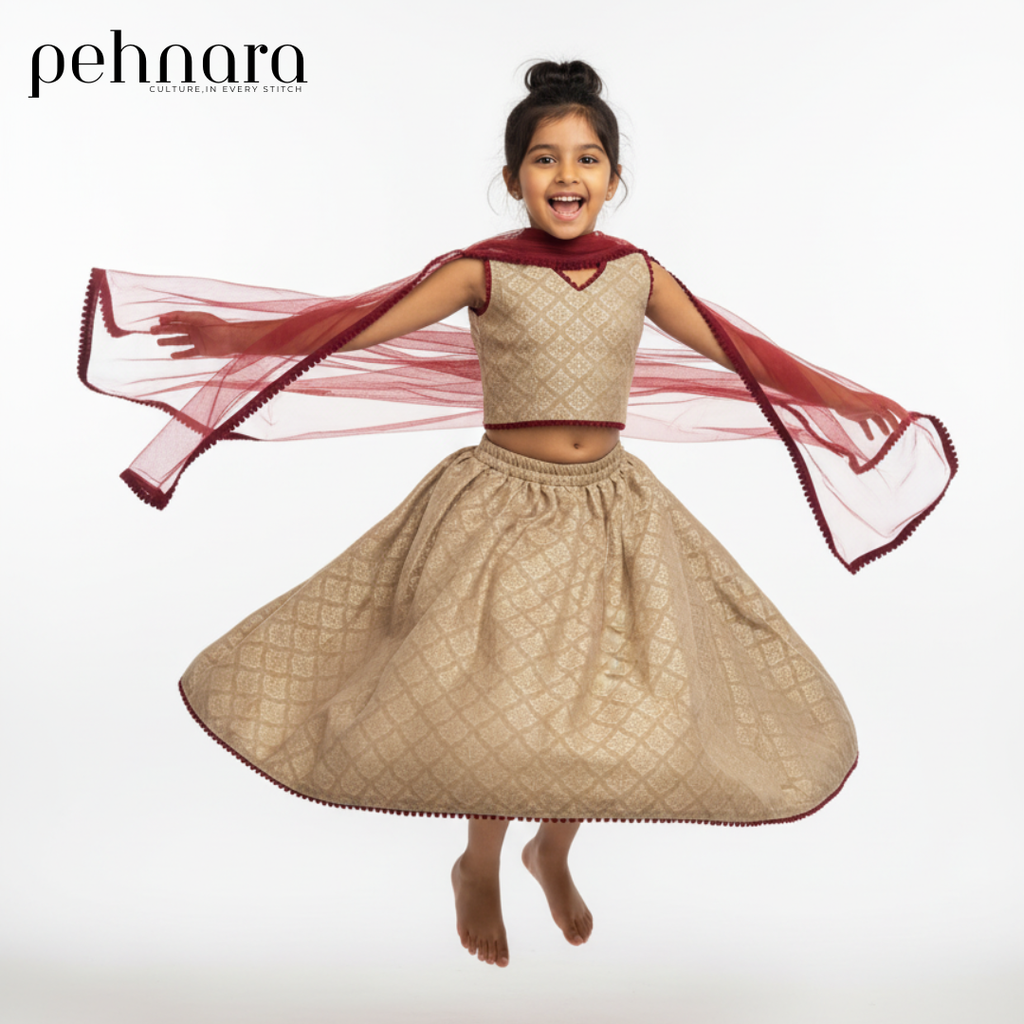 Champagne Gold Twirl Lehenga for Girls – Festive Party Wear