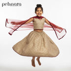 Child wearing a traditional outfit with a red dupatta, jumping in the air on a white background with 'pehnara' branding.