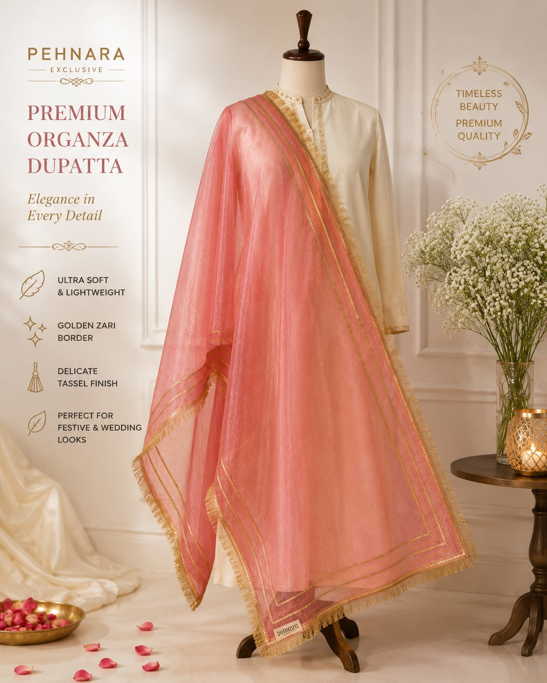 PEHNARA — Coral Rose Organza Dupatta