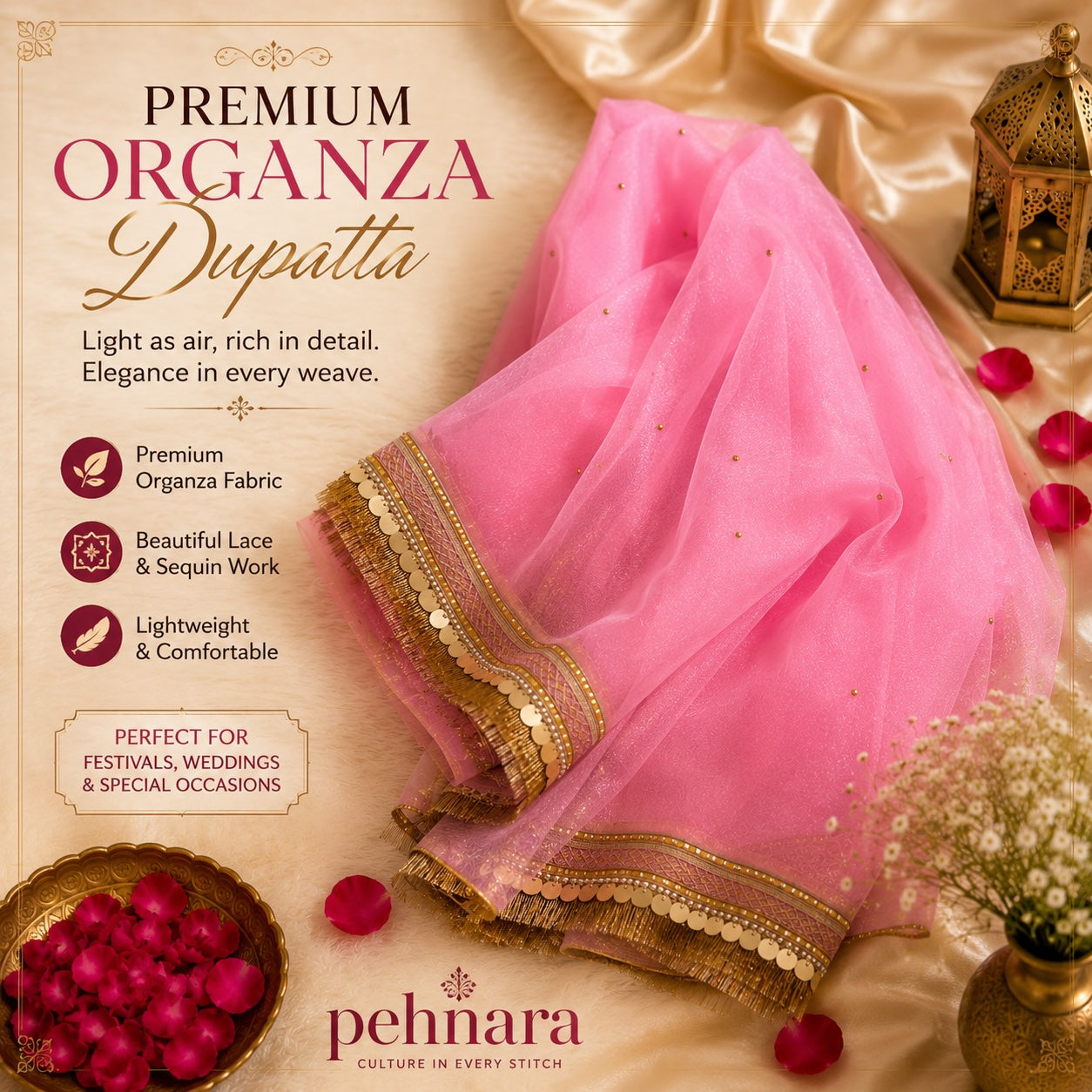 Flamingo Pink Organza Dupatta | Gold Coin Border | Pehnara