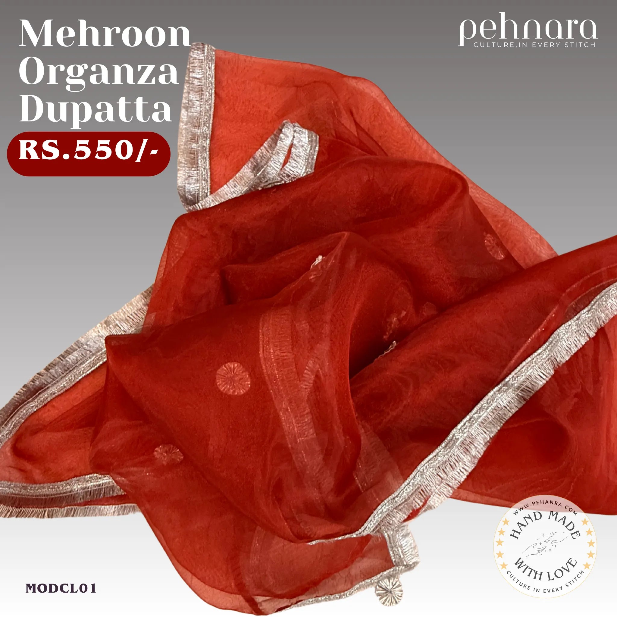 Mehroon Organza Dupatta with Silver Border