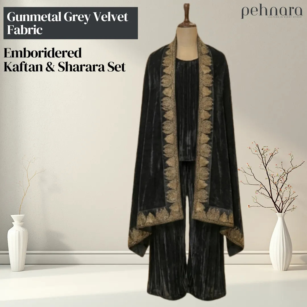 Regal Velvet Zari Embroidered Kaftan with Crushed Velvet Sharara Set