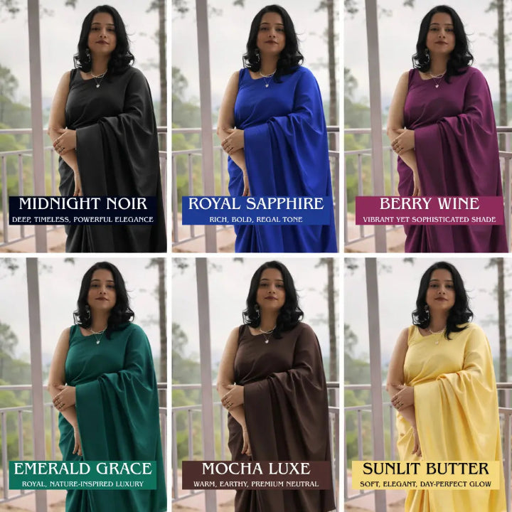 Woman in a black dress with text labels 'Midnight Noir' to 'Sunlit Butter' against a blurred outdoor background.