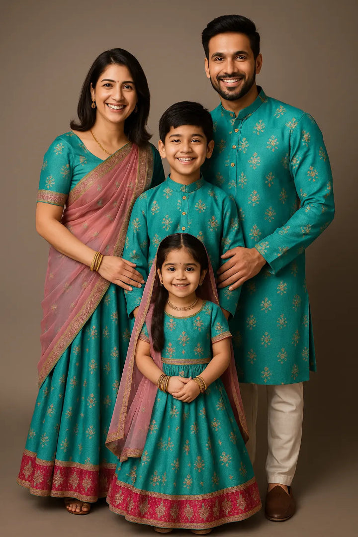 Family of four in matching teal traditional outfits against a brown background