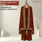 Embroidered kaftan and sharara set on a mannequin with 'pehnara' branding.