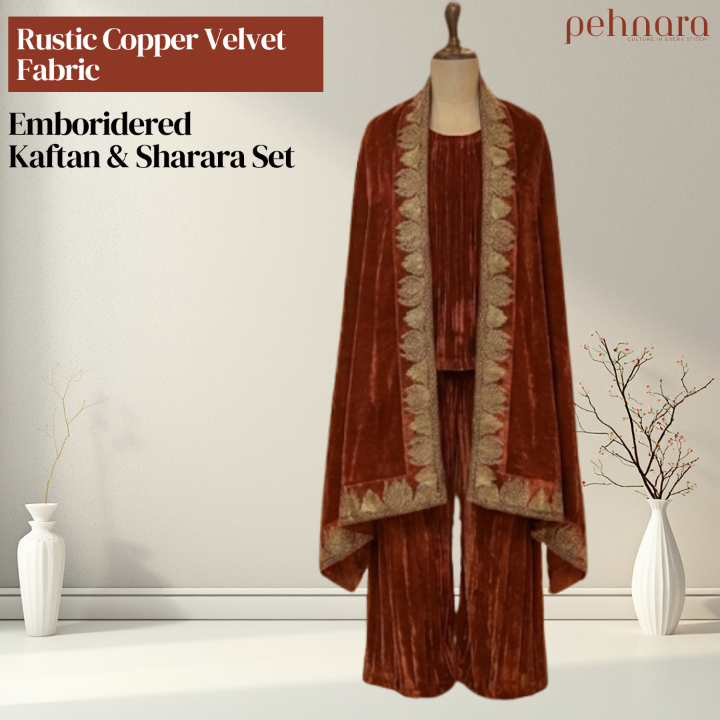 Rustic Copper Velvet Fabric Embroidered Kaftan & Sharara Set on a mannequin with 'pehnara' branding.