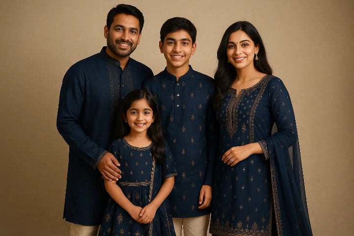 Family of four wearing matching navy blue traditional outfits against a beige background