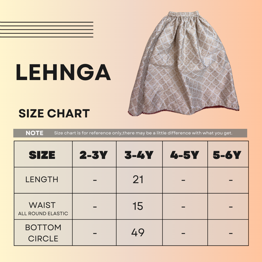 Lehenga with size chart on a peach background