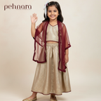 Golden Elegance Kids Lehenga Choli Set with Maroon Dupatta – Premium Festive Outfit