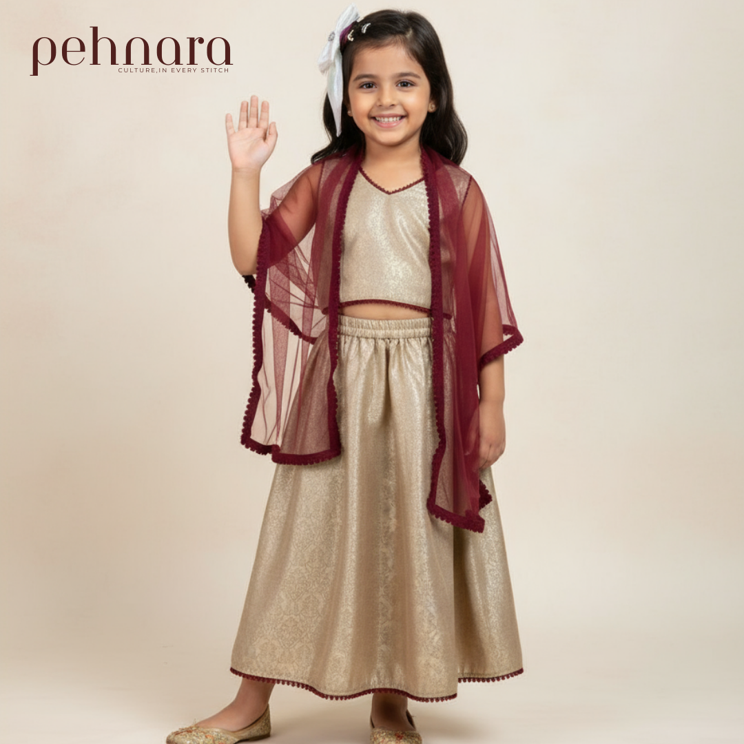 Golden Elegance Kids Lehenga Choli Set with Maroon Dupatta – Premium Festive Outfit