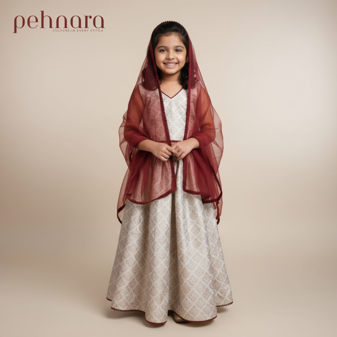 Elegant Ivory & Maroon Kids Ghaghra Choli with Dupatta – Traditional Indian Ethnic Wear for Girls (Adjustable Fit)