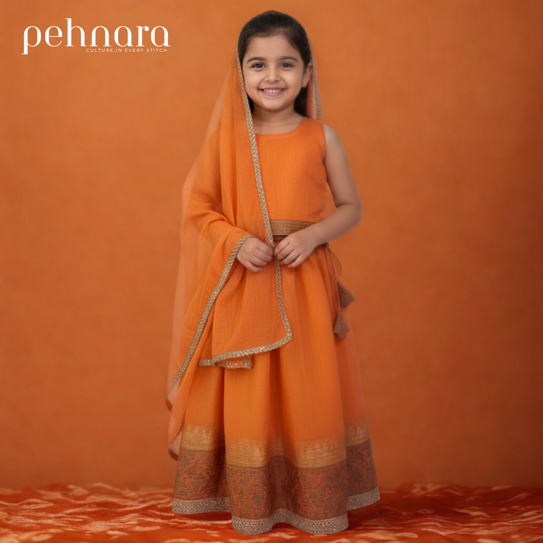 Orange Festive Kids Ghaghra Choli Set with Dupatta – Premium Gift Box Edition