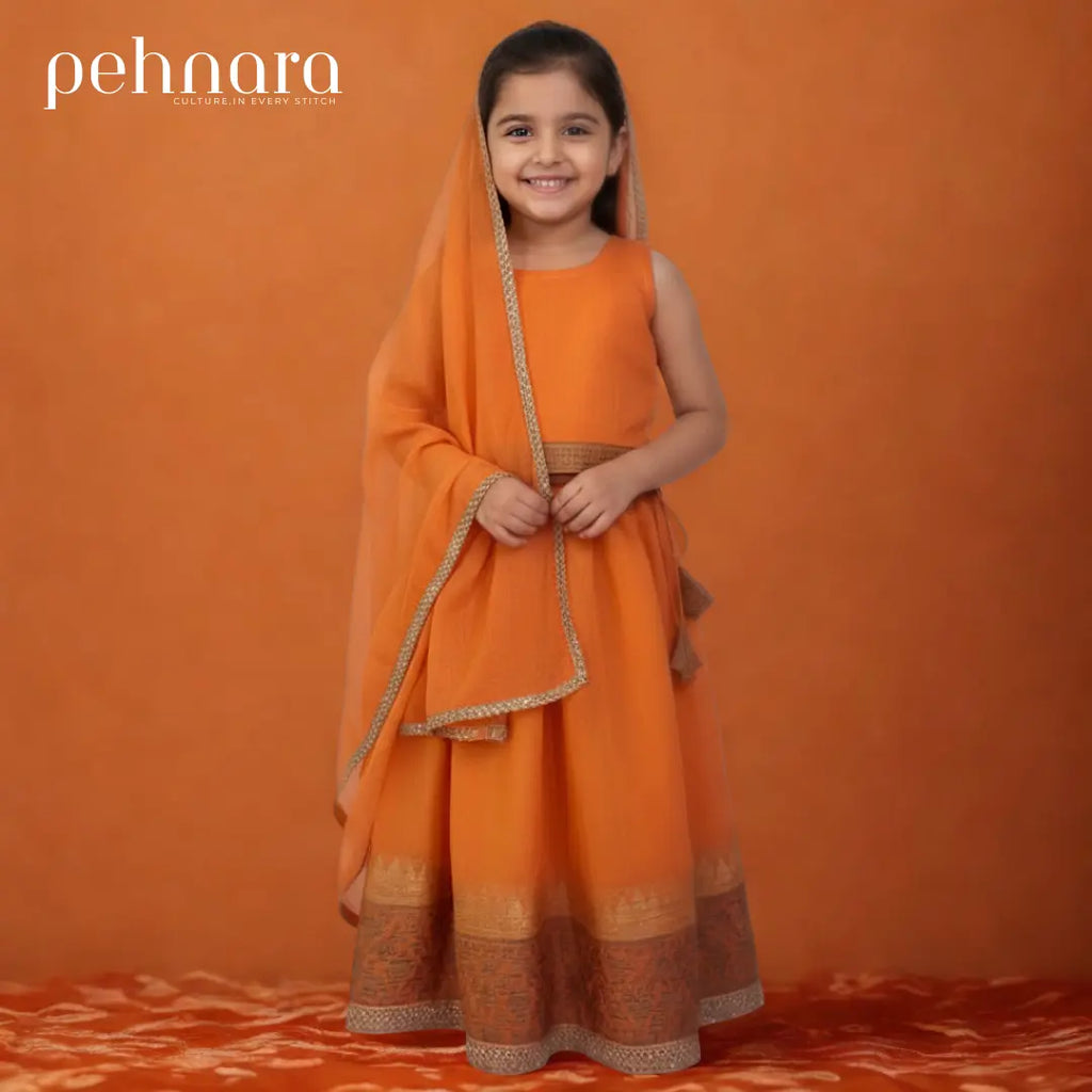 Orange Festive Kids Lehenga Choli Set with Dupatta – Premium Gift Box Edition