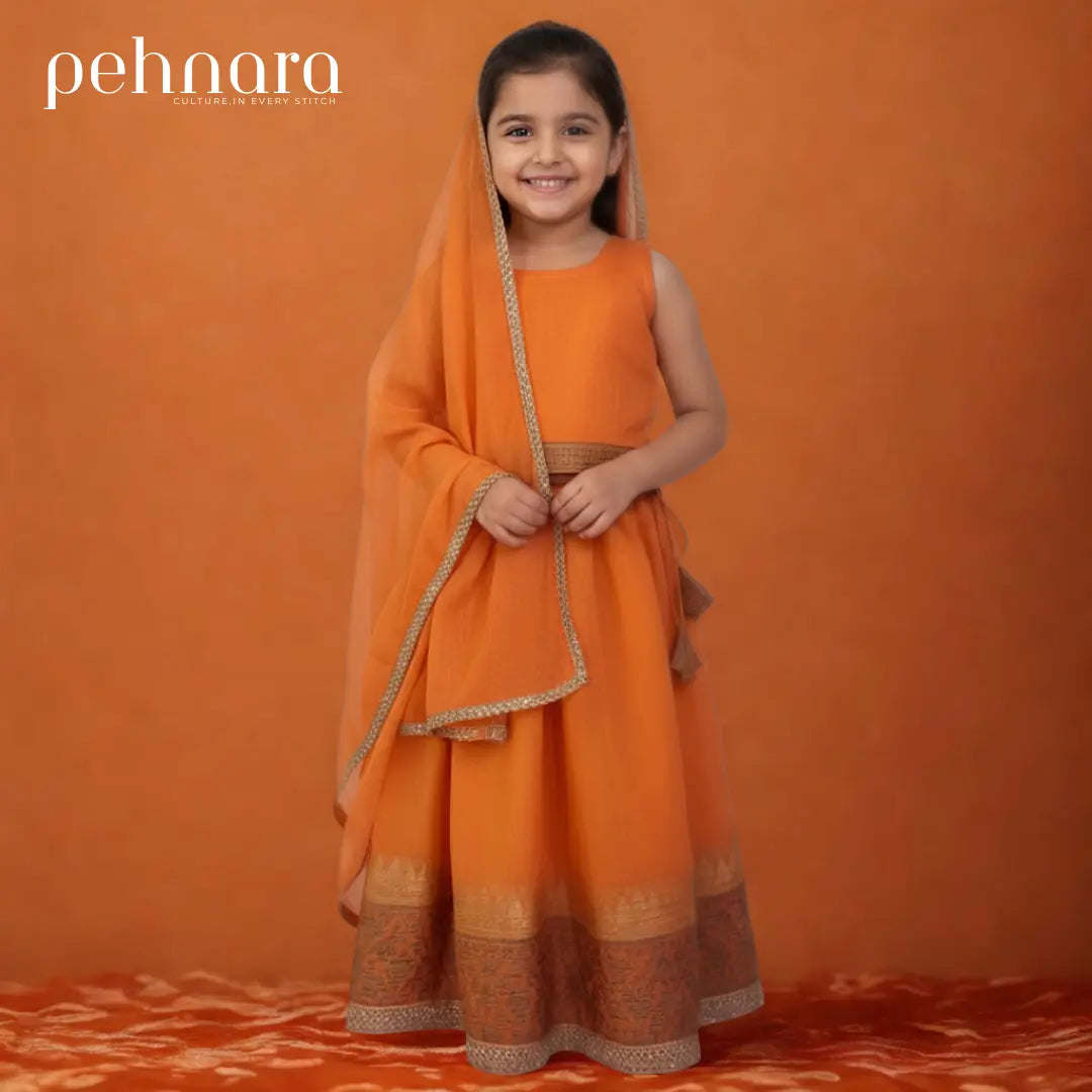Orange Festive Kids Lehenga Choli Set with Dupatta – Premium Gift Box Edition