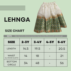 Lehnga size chart with measurements for different age groups on a light green background.