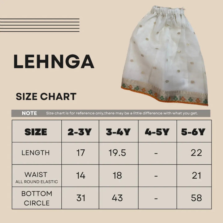 Lehenga size chart with measurements for different age groups on a beige background