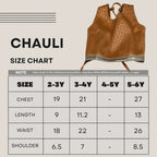 Brown sleeveless top with size chart for children on a beige background